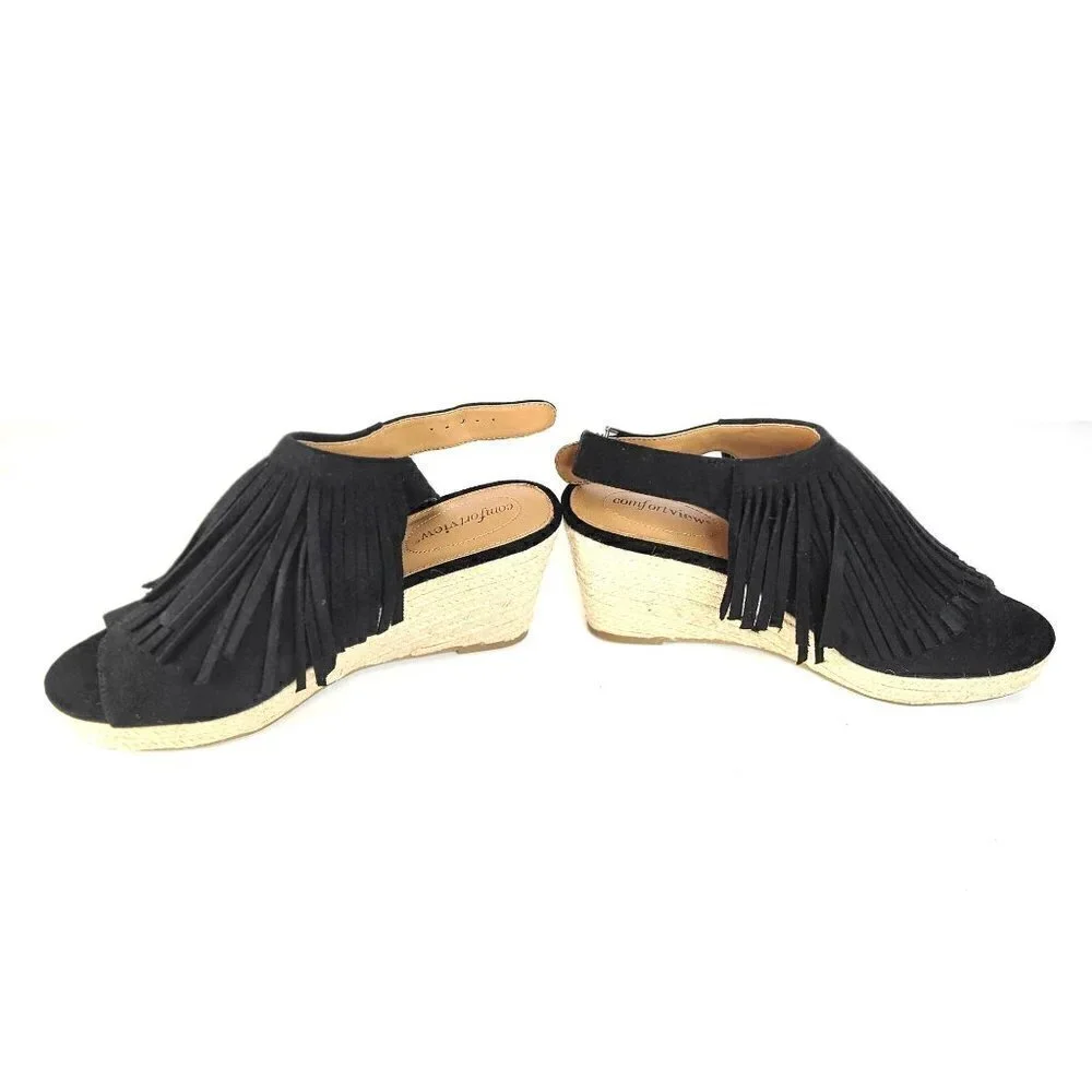 Comfortview Diane Espadrille Sandals Heels Wedge Fringe Black Women Size 9M